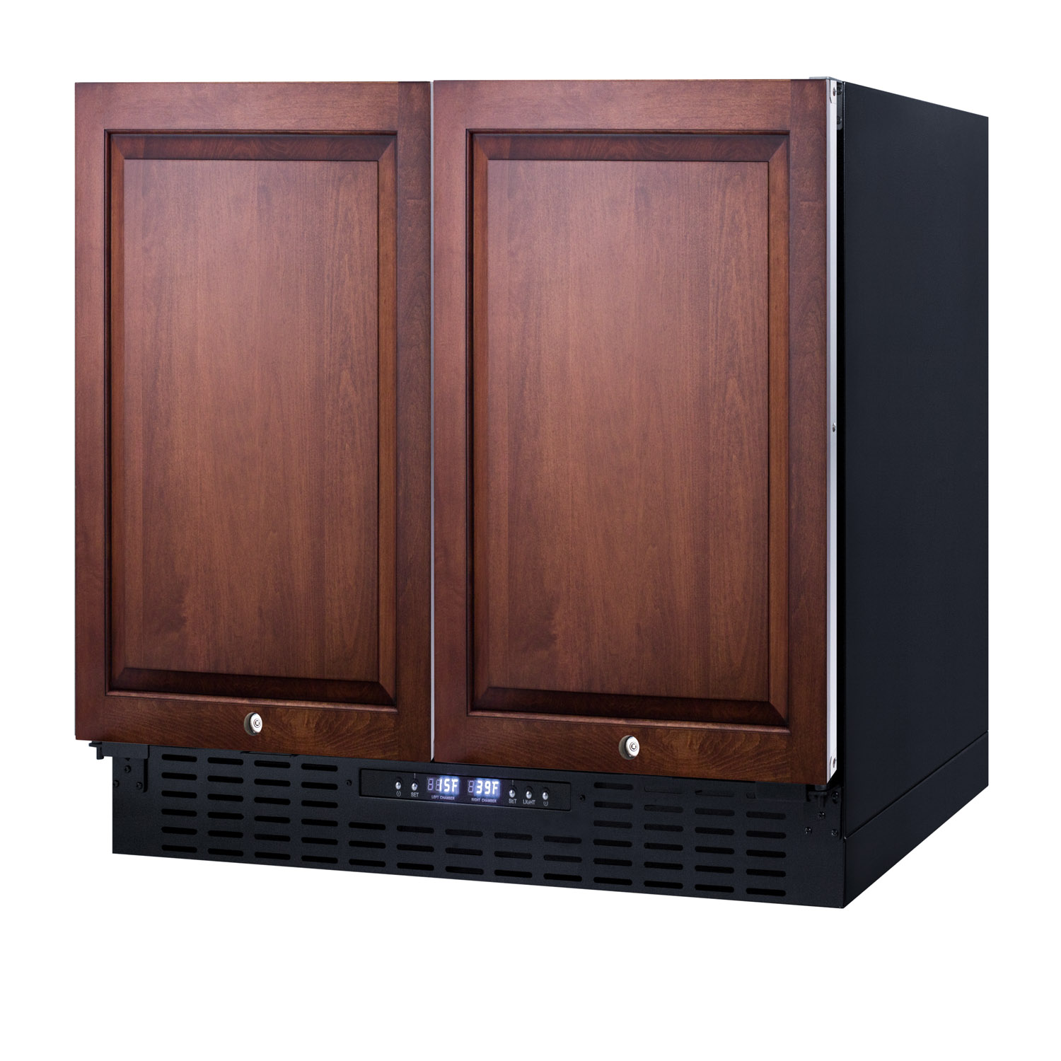 Commercially approved, frost-free, side-by-side refrigerator-freezer for built-in or freestanding use with two panel-ready doors, black cabinet, front-placed digital controls